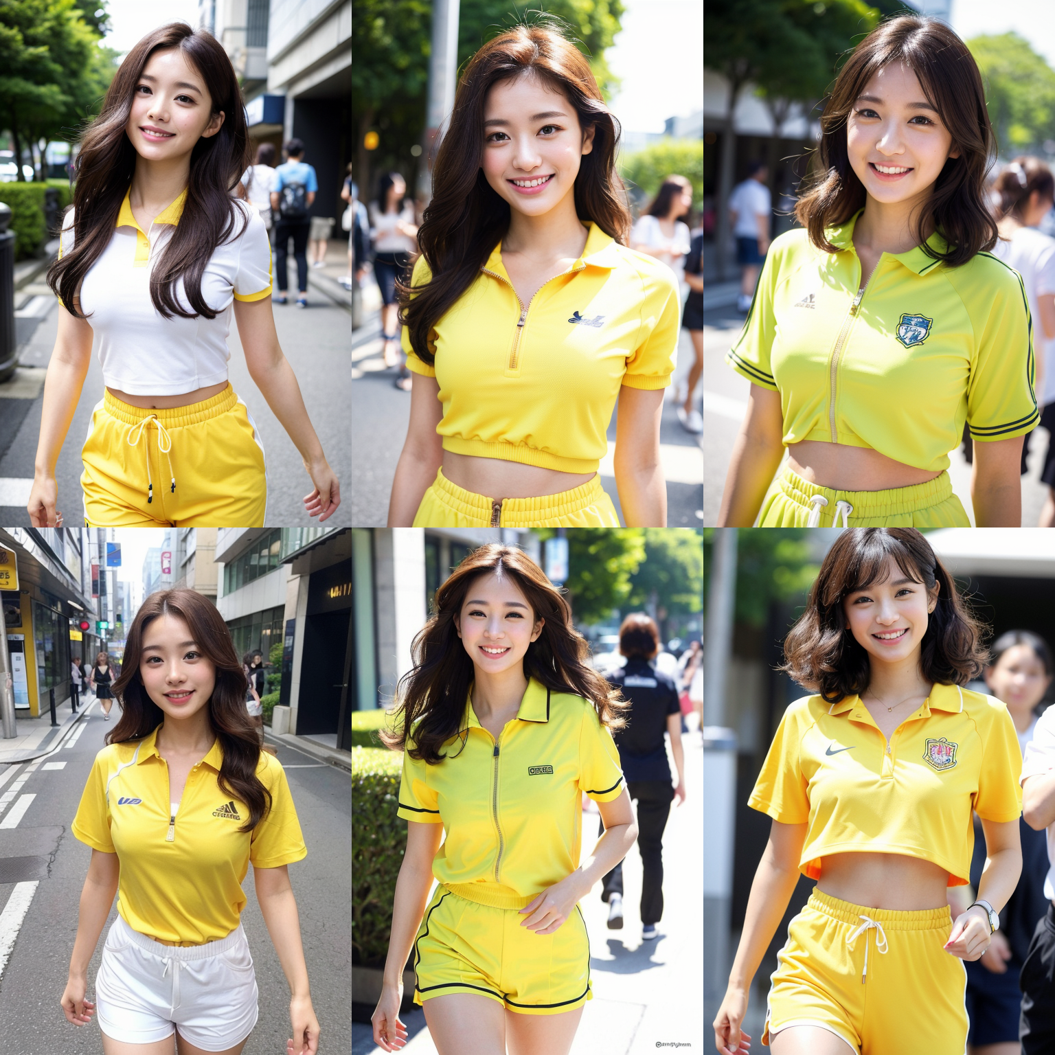 【AI繪圖】穿綠黃色的休閒短袖服開心的走在東京戶外街道