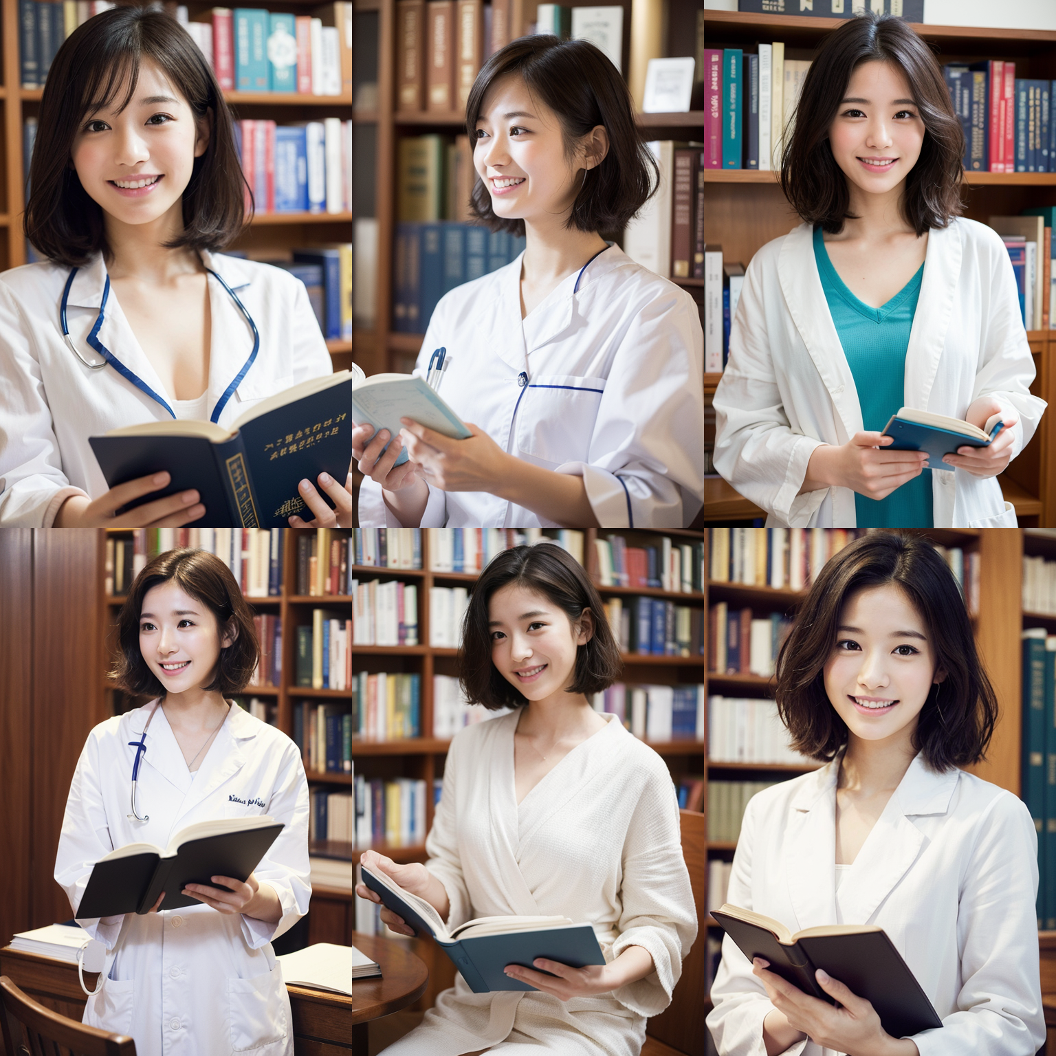 【AI繪圖】年輕女孩醫生穿醫師服在東京大學圖書館